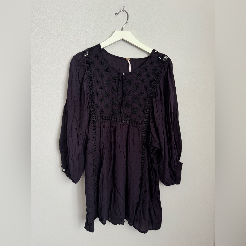 Free People Charlotte Embroidered Swiss Dot Tunic Dress in Deep Plum